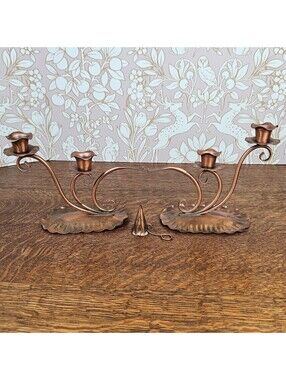 Vintage Gregorian Solid Copper Candle Holders Pair with Candle Snuffer